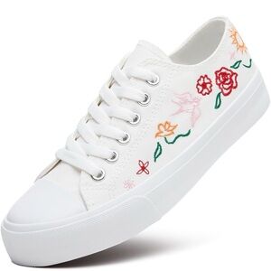 Embroidered Floral Canvas Sneakers – Cream Low Top (Converse Style)- Size 7M NEW